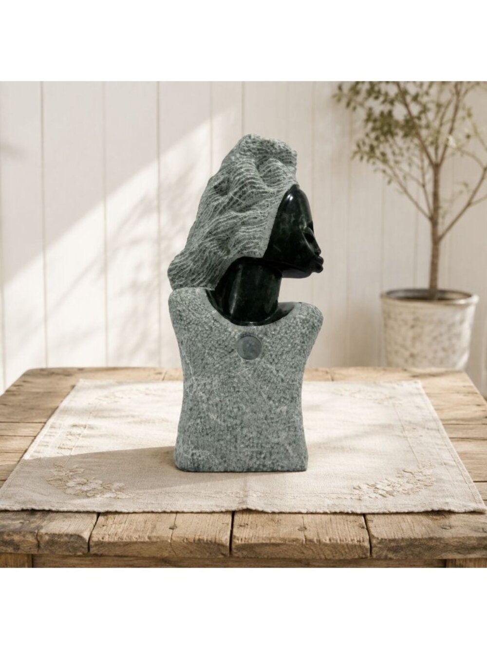Female Bust Sculpture Hand Carved Stone Gray Green South Africa 10"